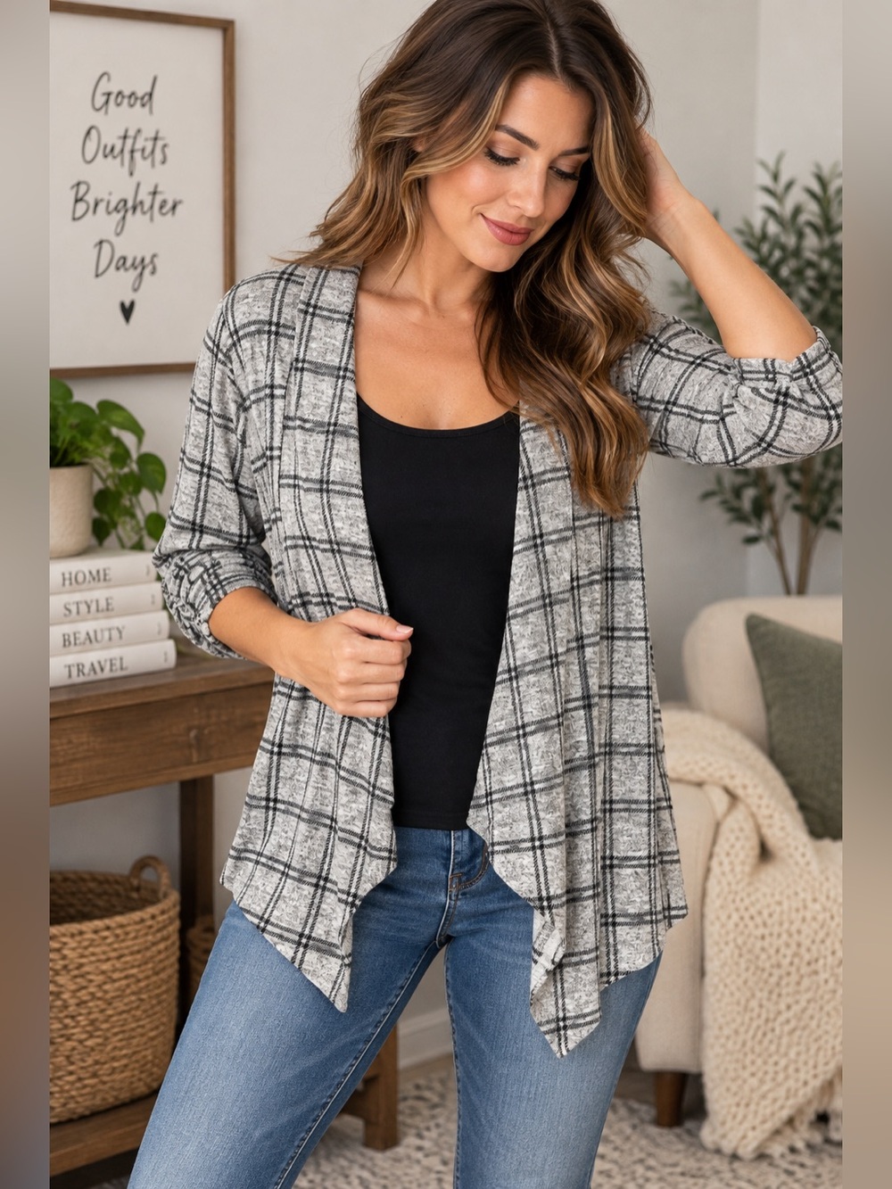 NAIF Gray Plaid Open-Front Women's Cardigan